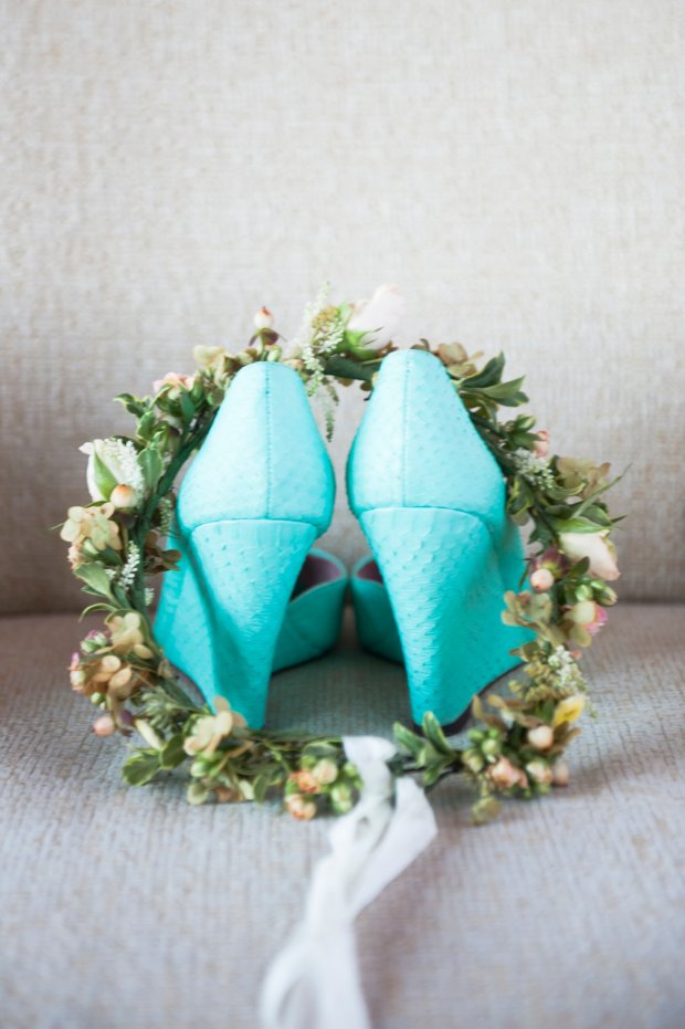 Mint Bride Wedge Shoes and Floral Crown from Helen and Will's Castle Hill Wedding | The Newport Bride