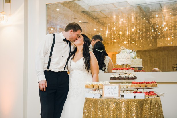 Danielle and Dan's gold and cranberry wedding has perfect clouds and lots of glittering gold