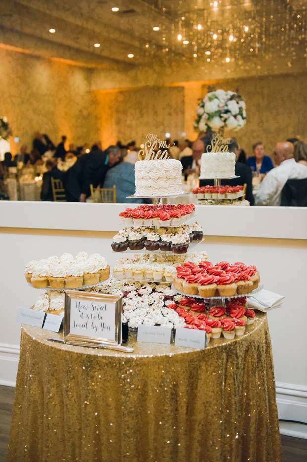 Danielle and Dan's gold and cranberry wedding has perfect clouds and lots of glittering gold